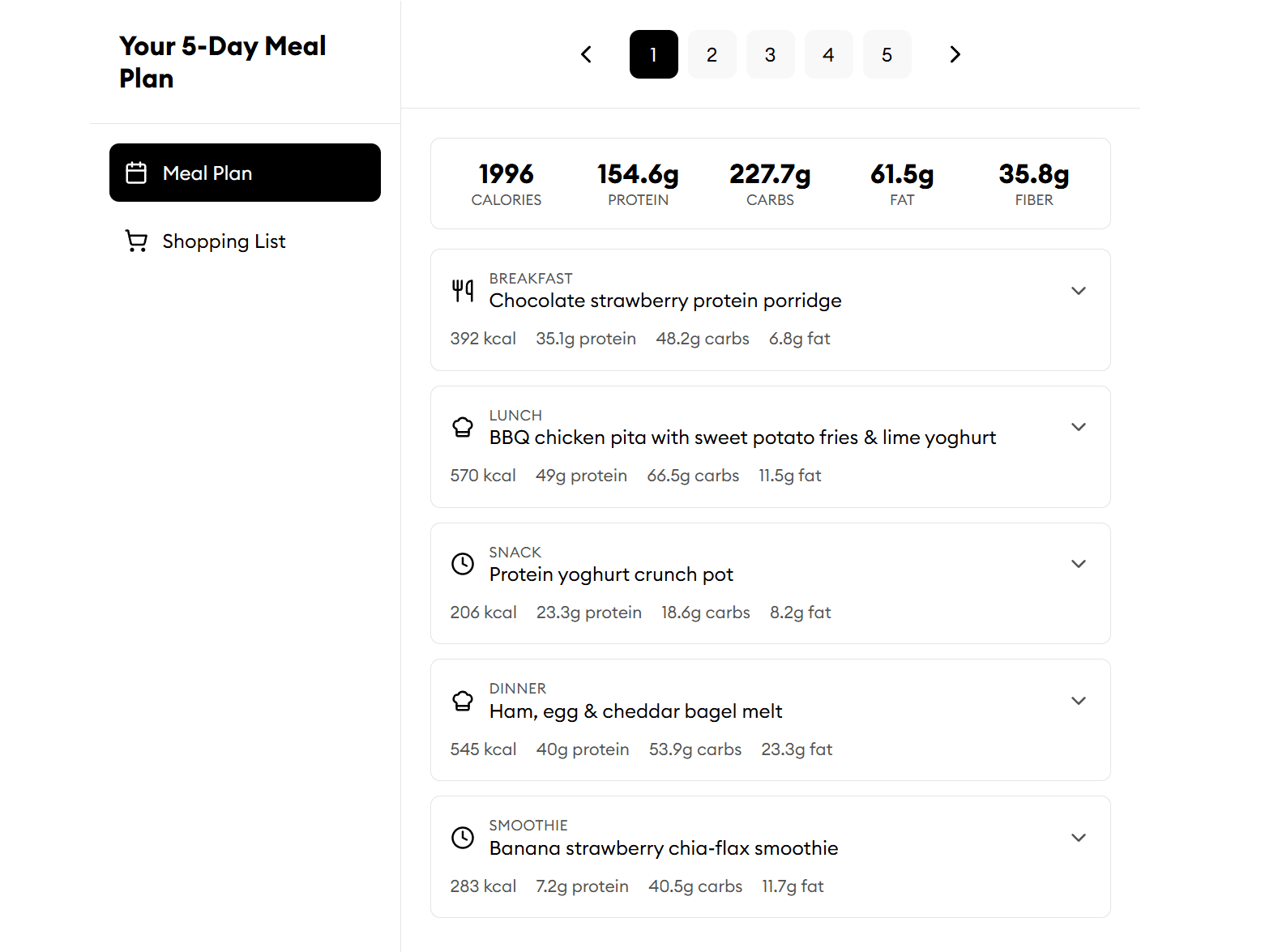 Desktop meal planning interface showing personalized meal plans