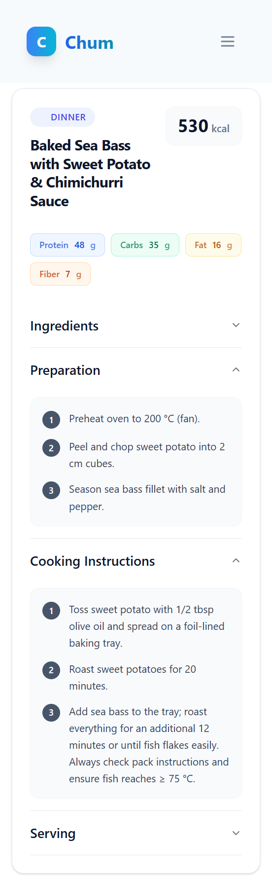 showing cooking instructions for mobile